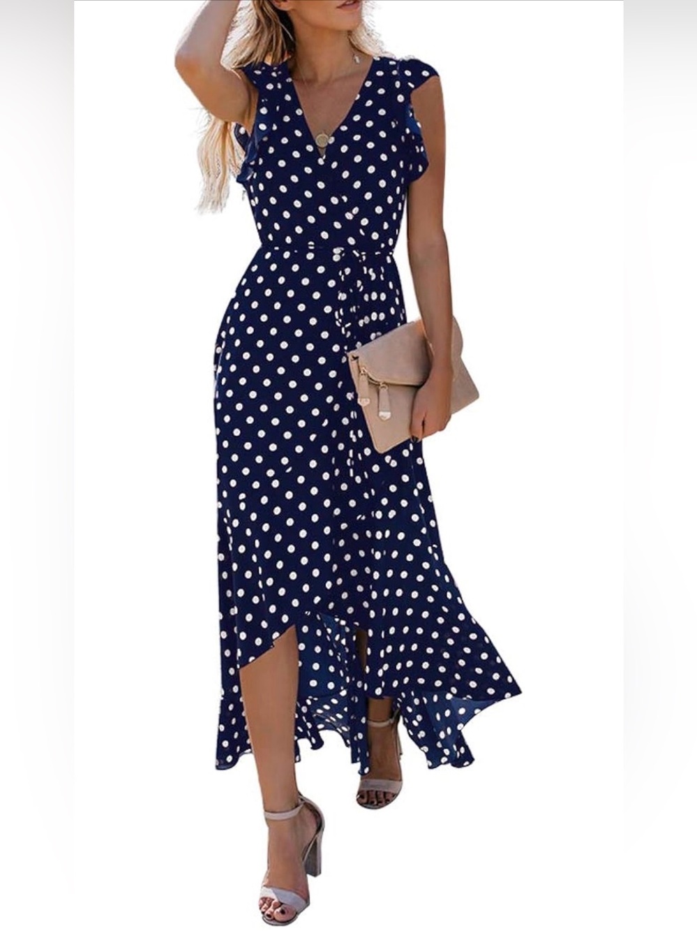 Grecerelle Women’s Size XL Navy Blue & White Polka Dot High Low Dress